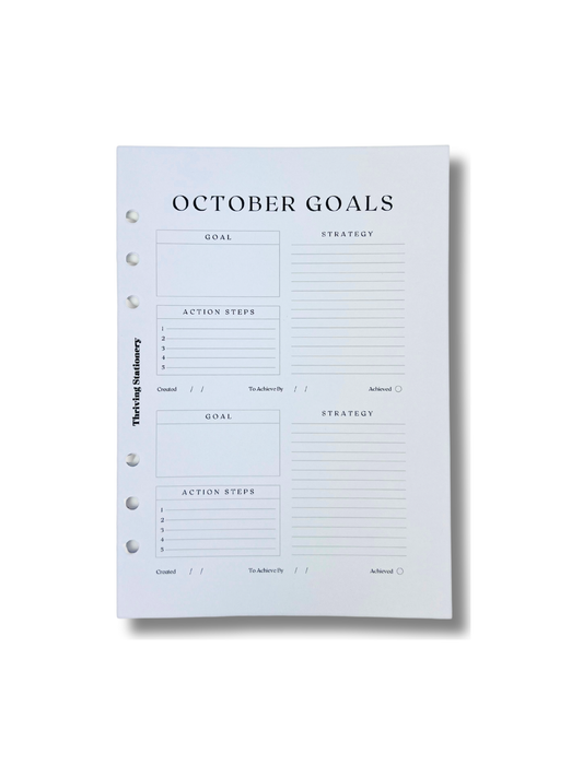 A5 Monthly Goals Inserts with goal-tracking layout and minimal planner design for A5 binders