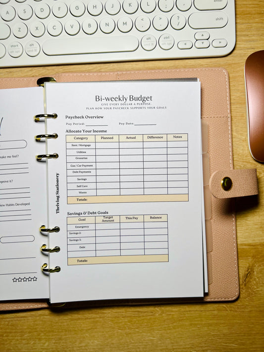 A5 Biweekly Budget Inserts with paycheck budget layout and minimal planner design for A5 binders