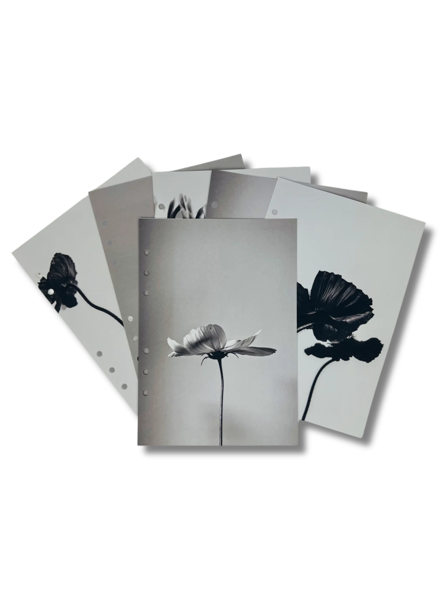 Set of A5 binder dashboards with black and white floral designs on a white background