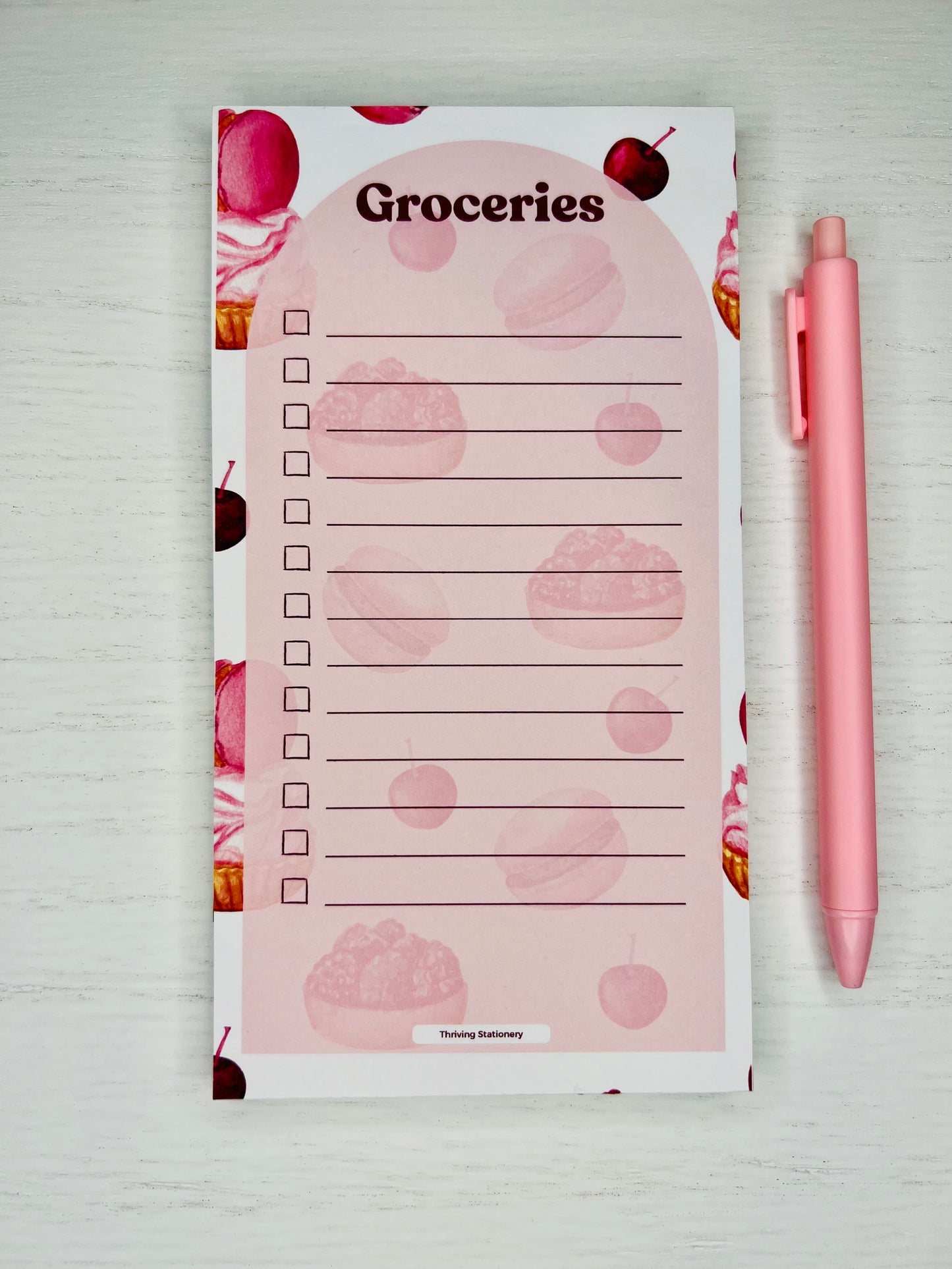 Groceries checklist magnetic grocery lists with pink background, dessert illustrations, checkboxes, and arched layout for shopping or meal planning.