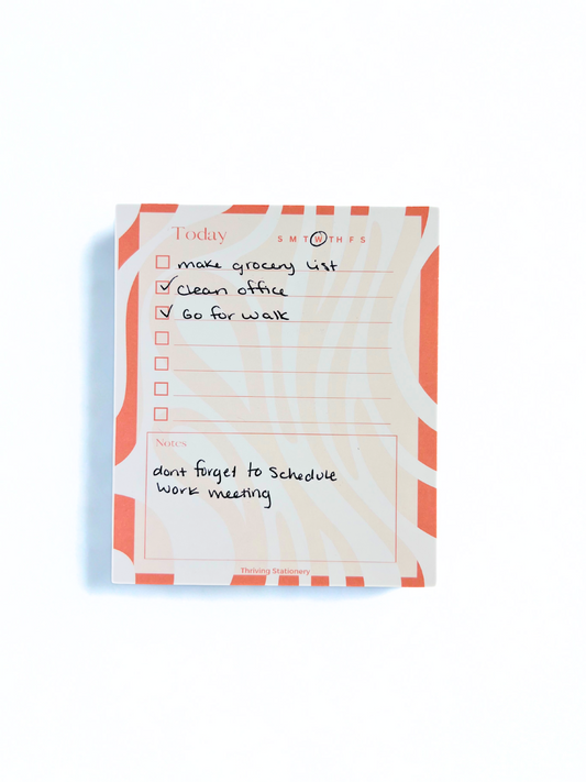 Coral Flow Daily Planner Notepad with coral and cream wavy border, checklist, and notes section