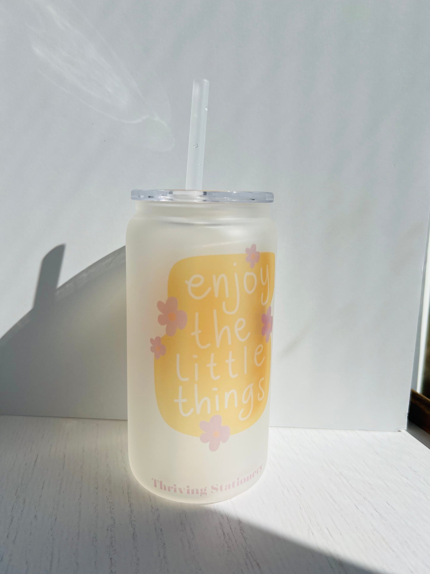 Enjoy the Little Things Frosted Cup with minimal uplifting text design