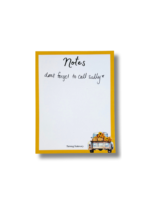 Golden Harvest Notepad with yellow border and vintage truck carrying sunflowers