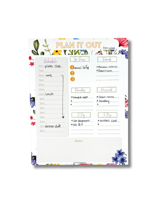 Floral-themed planner notepad with a schedule and notes section on a white background