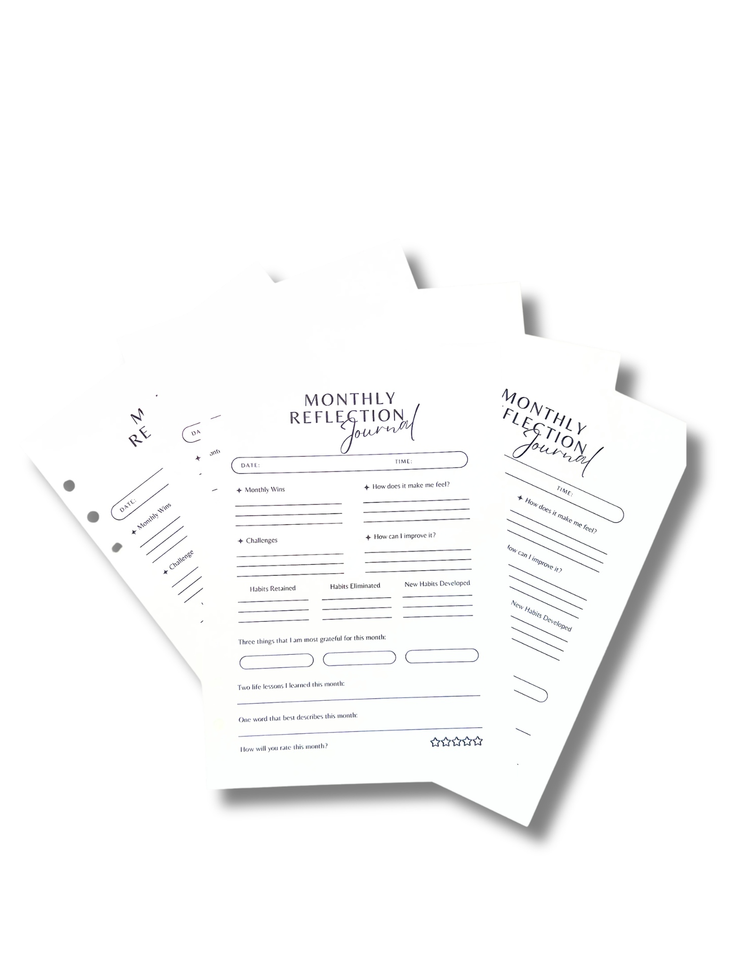 Three sheets of paper with 'Monthly Reflection Journal' text on a white background