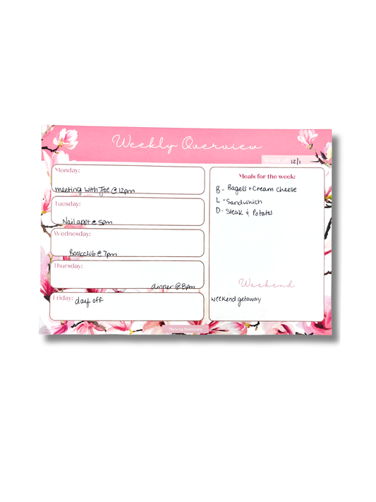 Pink Cherry Blossom Weekly Planner Deskpad with light floral design and weekly layout