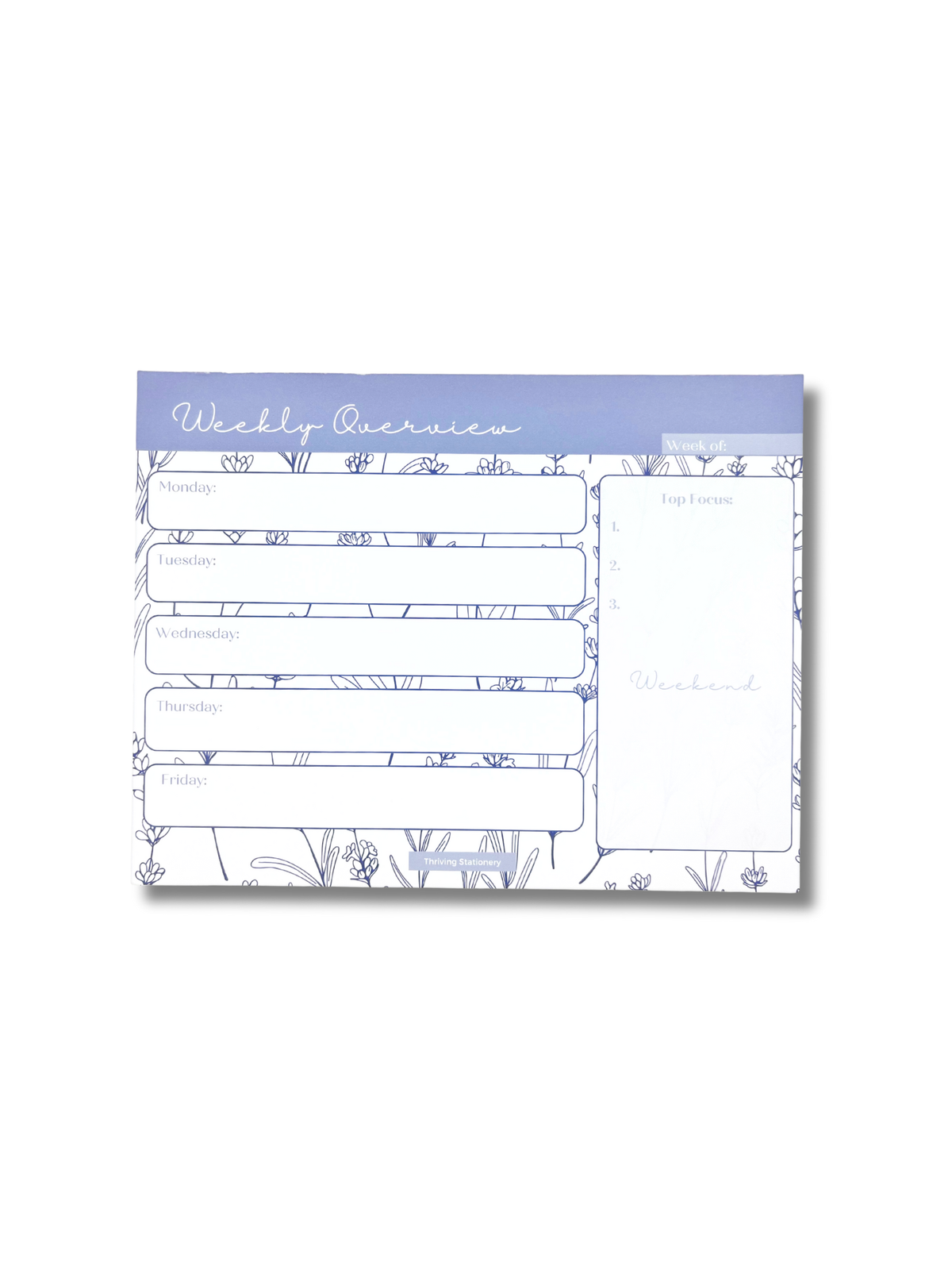 Weekly overview planner pad with floral design on a white background