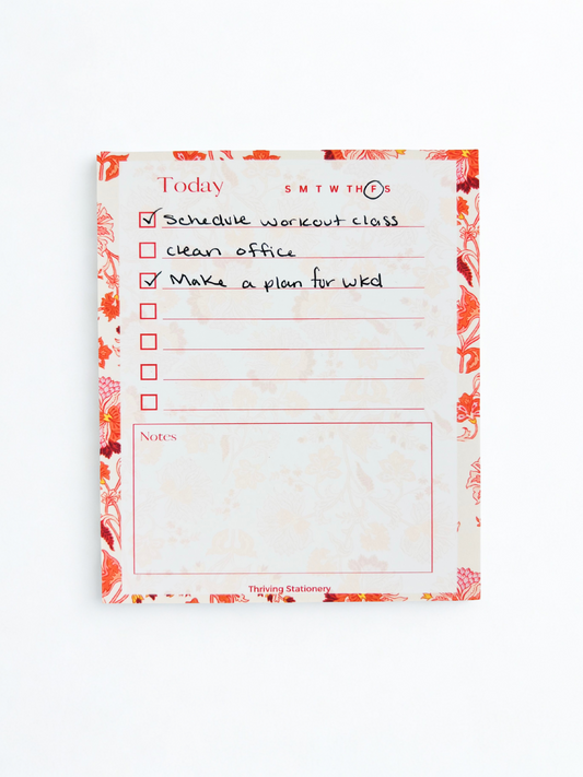 Roses in Bloom To-Do List Notepad with pink rose floral design and daily checklist layout with sample writing