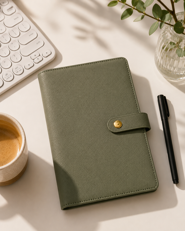 Green planner on a desk with a cup of coffee, pen, and keyboard.