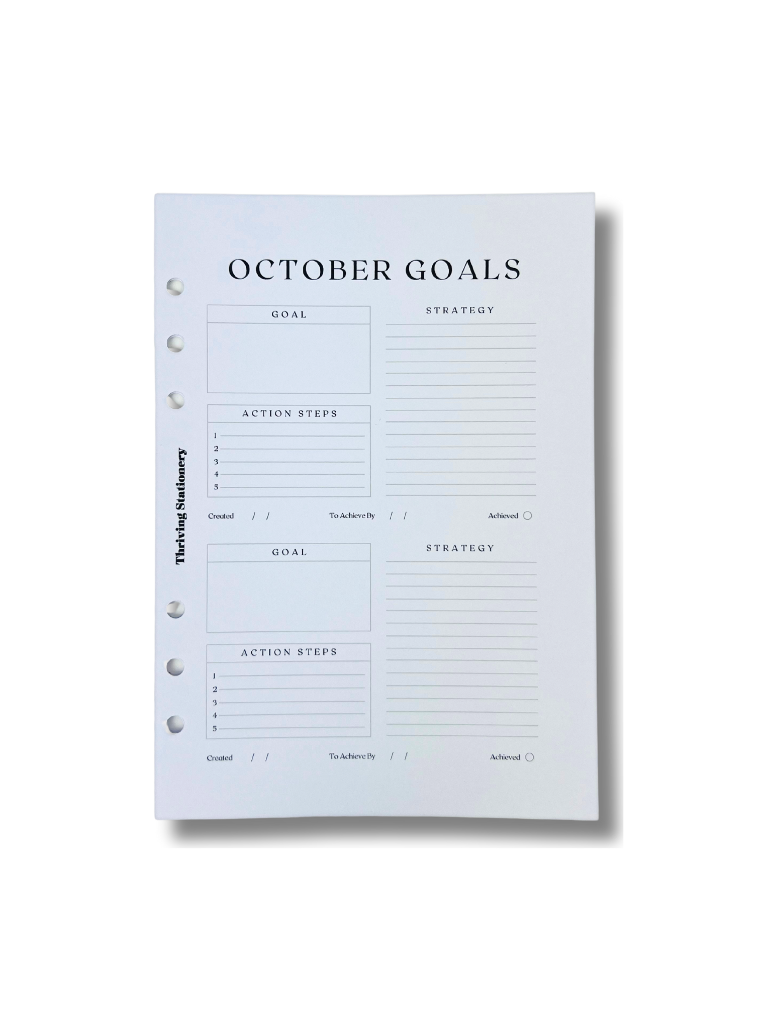 A5 Monthly Goals Inserts with goal-tracking layout and minimal planner design for A5 binders