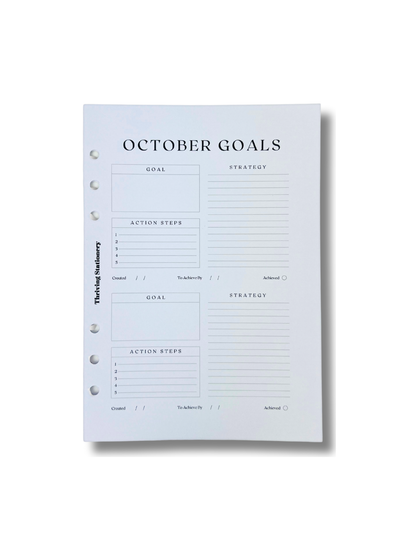 A5 Monthly Goals Inserts with goal-tracking layout and minimal planner design for A5 binders