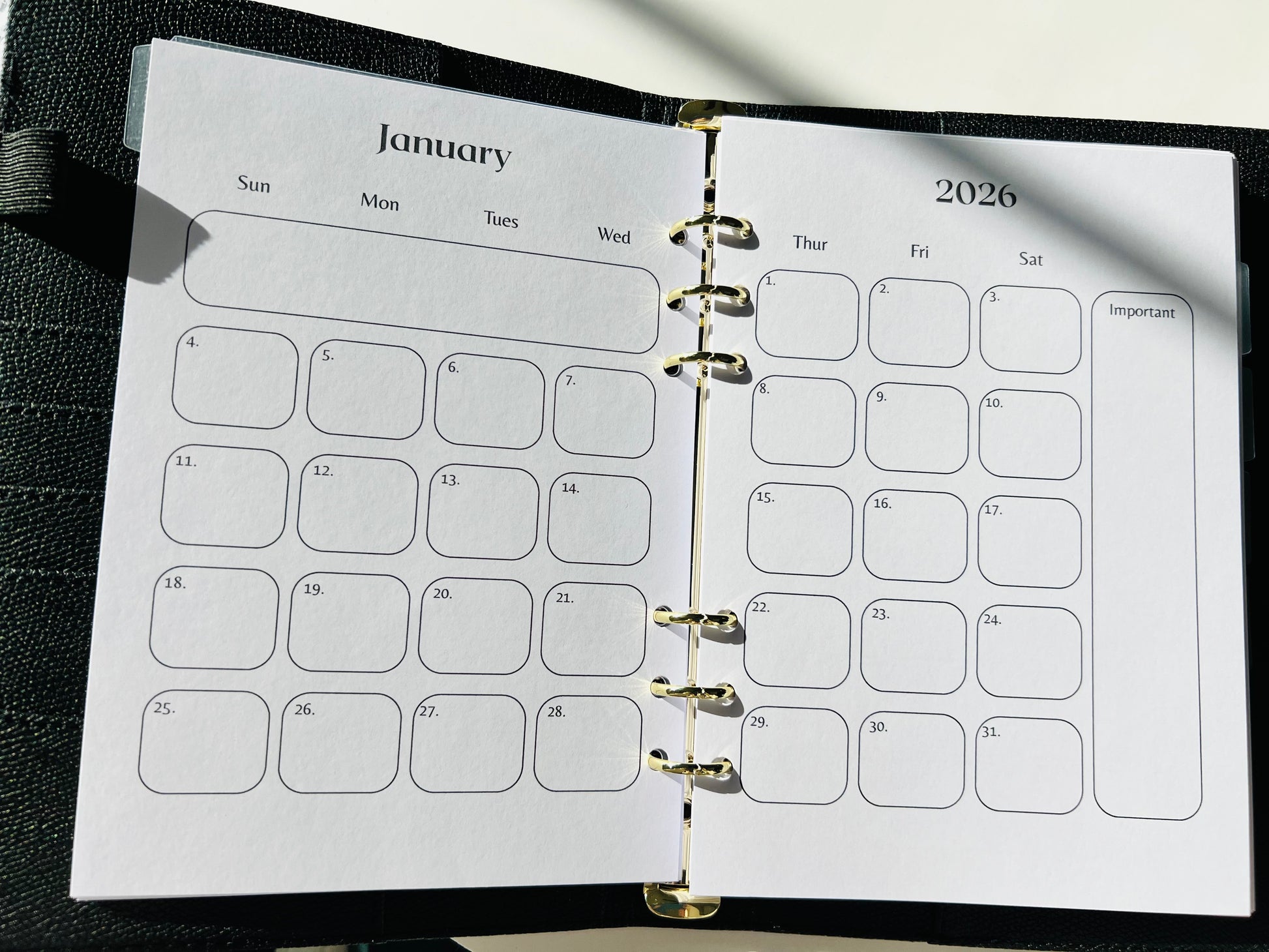 Open planner showing January 2026 calendar pages.