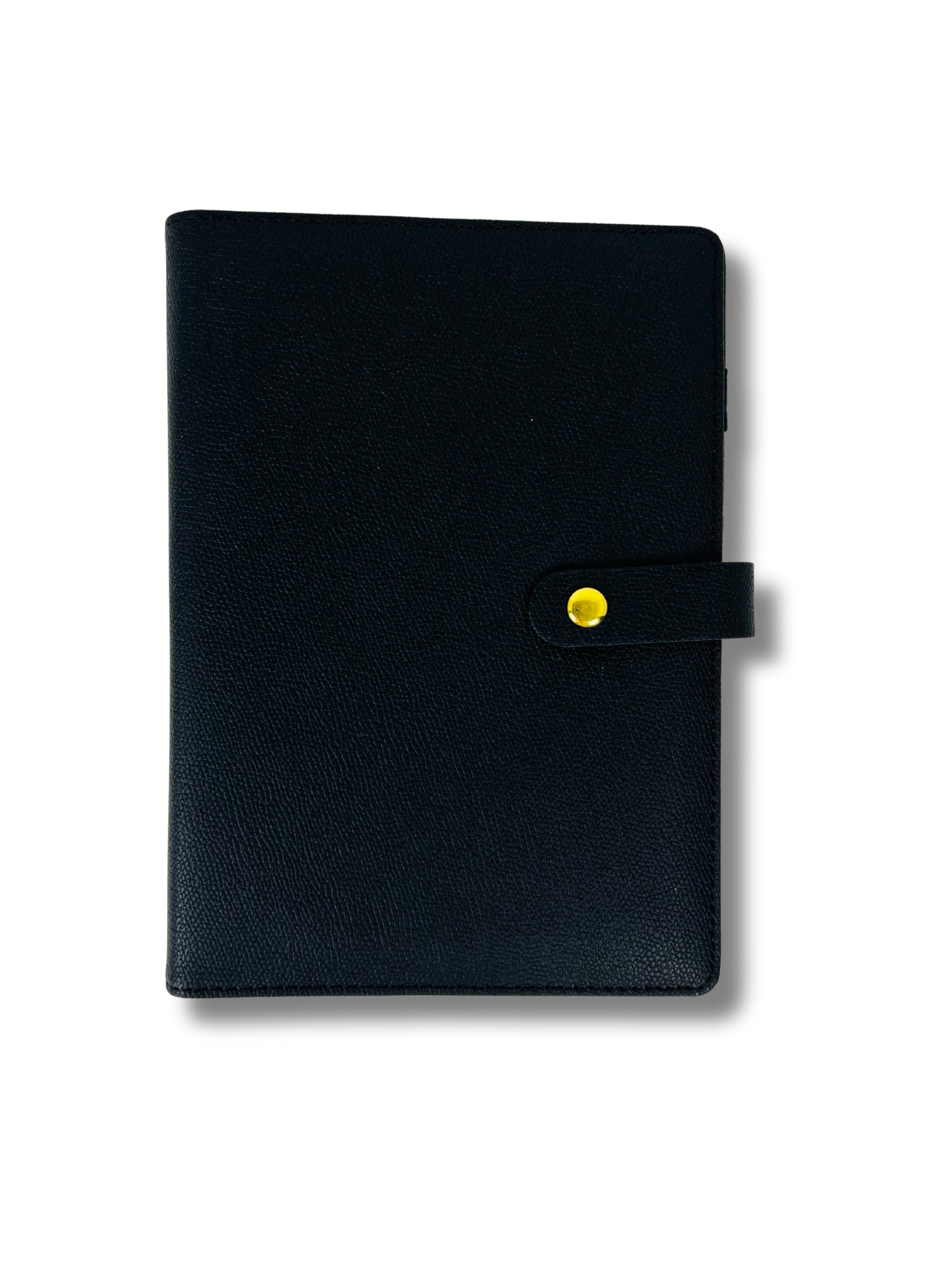 Black leather notebook with a yellow button on a white background