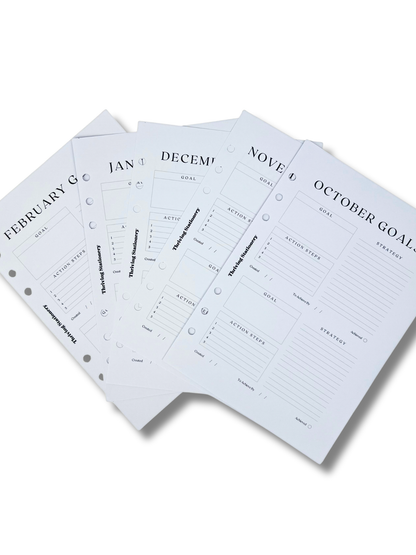 A5 Monthly Goals Inserts with goal-tracking layout and minimal planner design for A5 binders