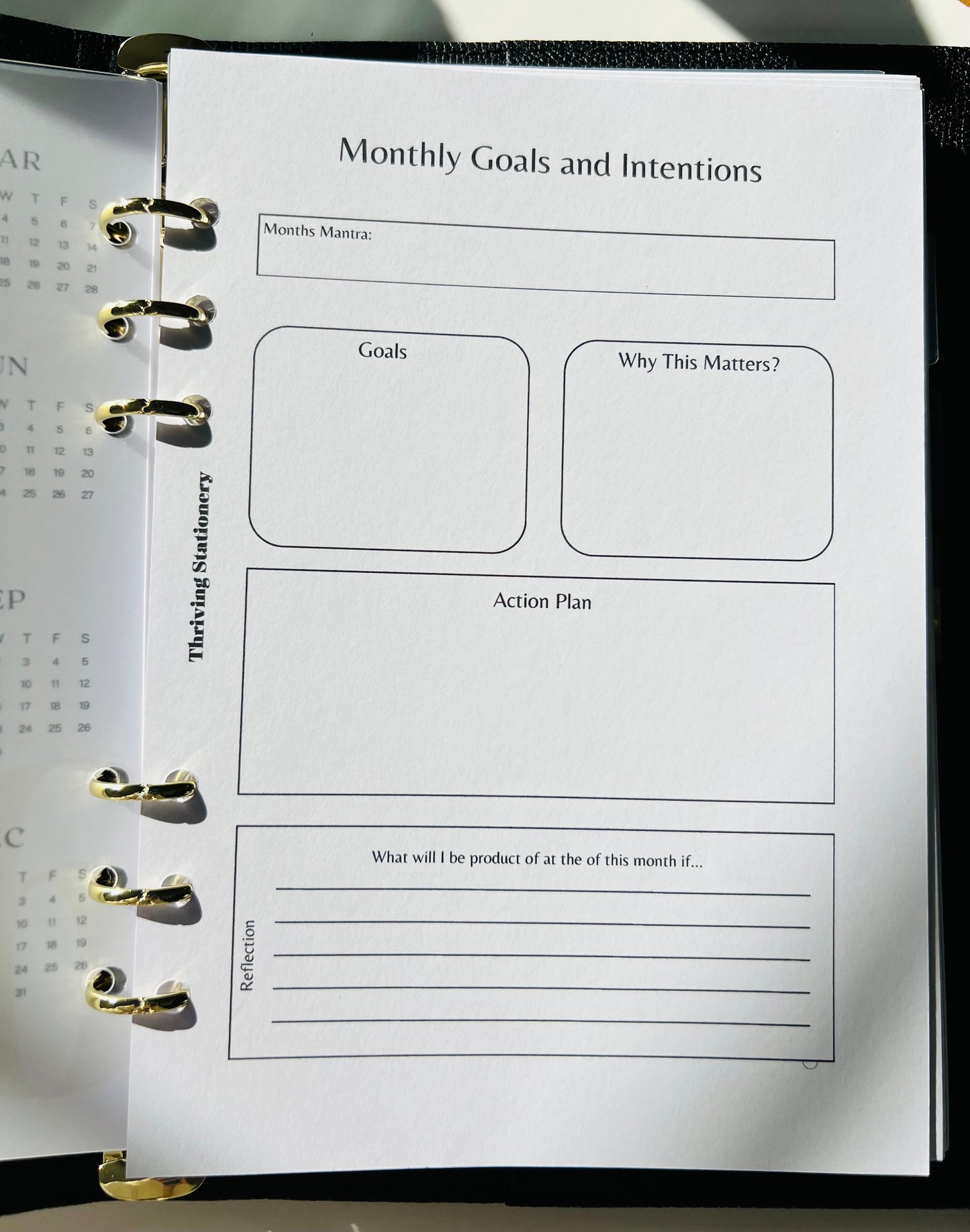 Monthly Goals and Intentions planner page with sections for goals, why it matters, action plan, and outcome.