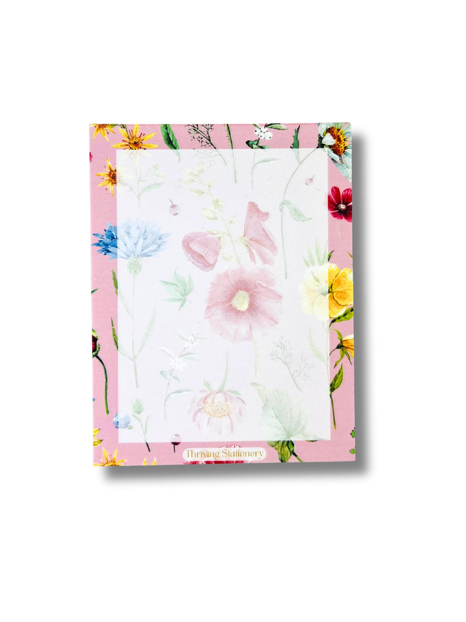 Floral notepad with a pink border on a white background