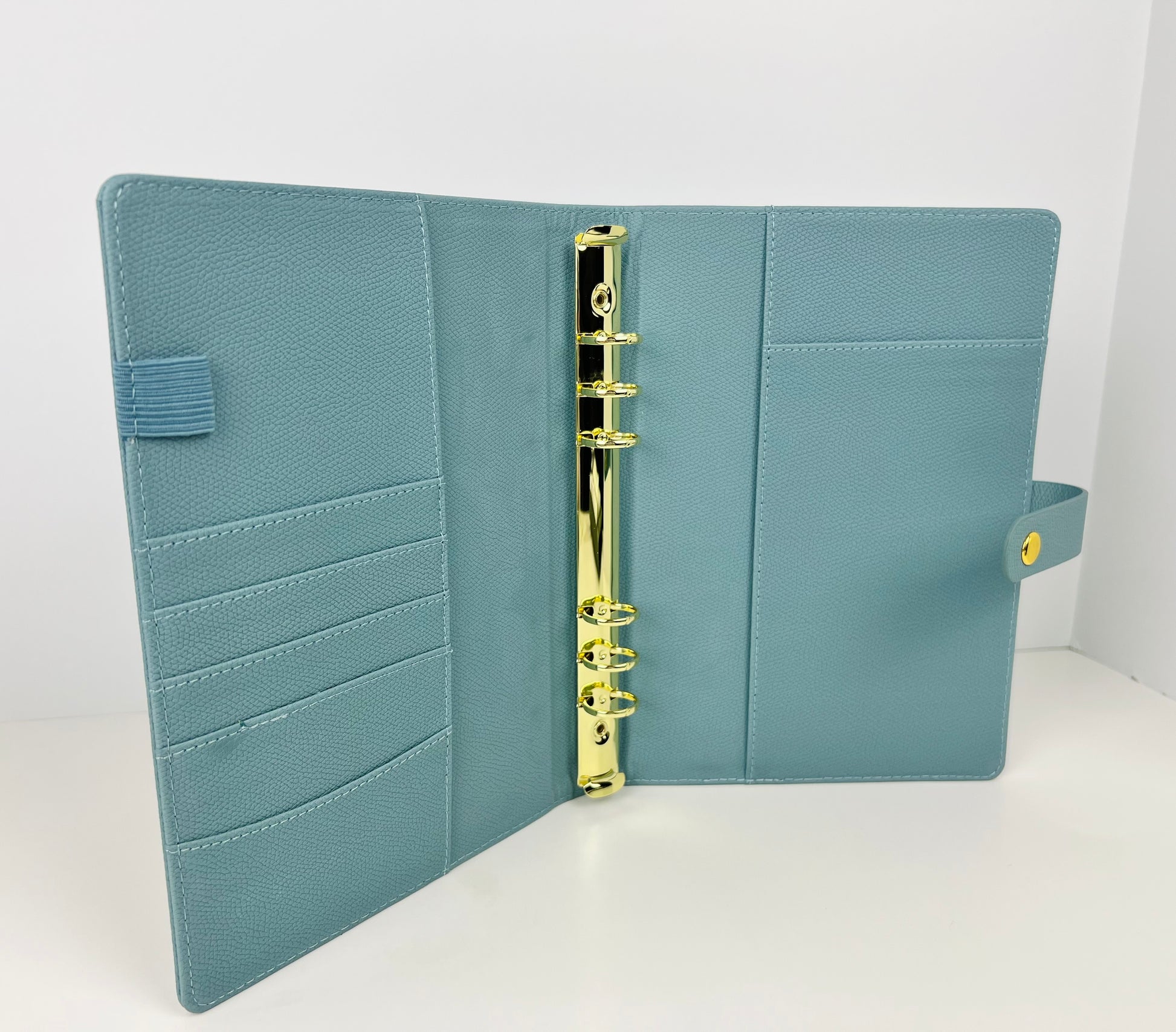Blue leather planner with a gold ring binder on a white background