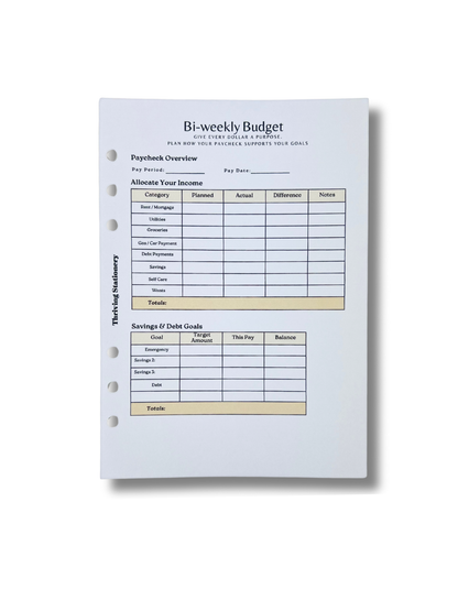 A5 Biweekly Budget Inserts with paycheck budget layout and minimal planner design for A5 binders