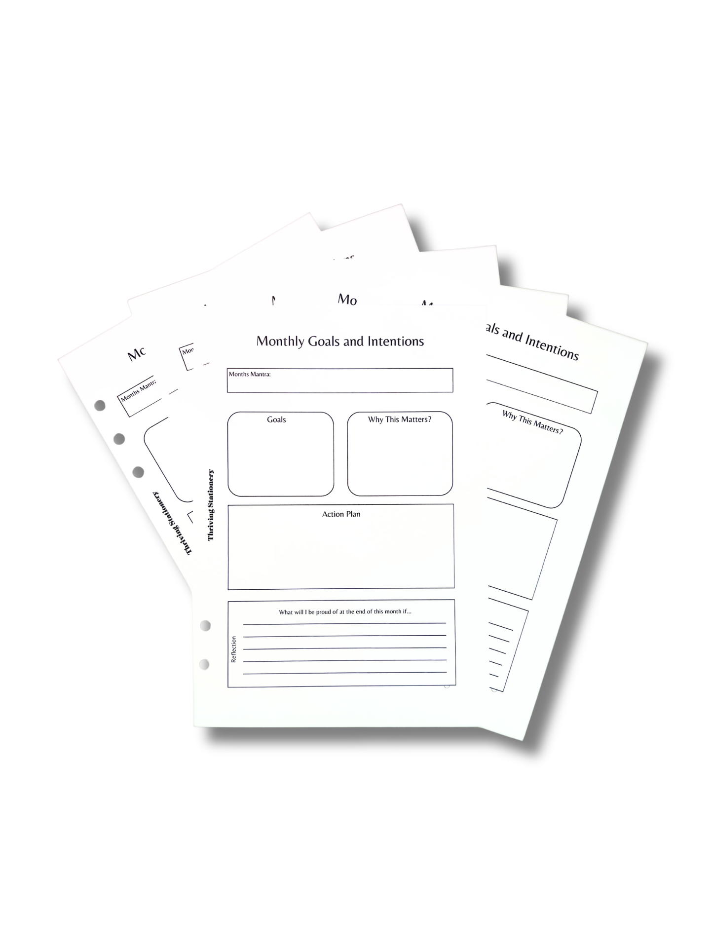 Three sheets of paper with planning or goal setting on a white background