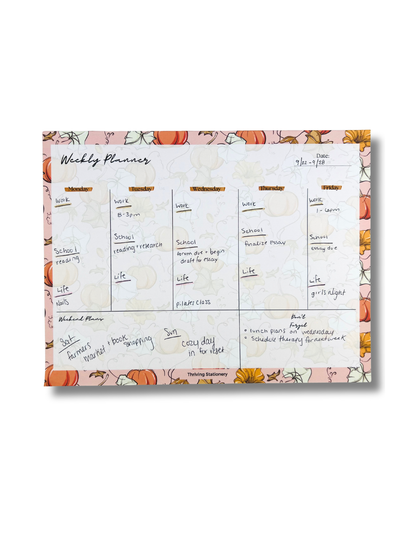 Autumn Weekly Planner Notepad with pumpkin and fall flower design and weekly layout