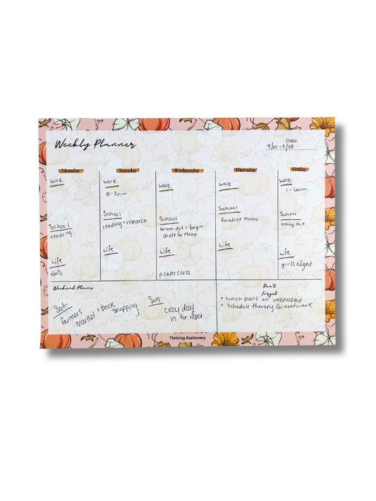 Autumn Weekly Planner Notepad with pumpkin and fall flower design and weekly layout