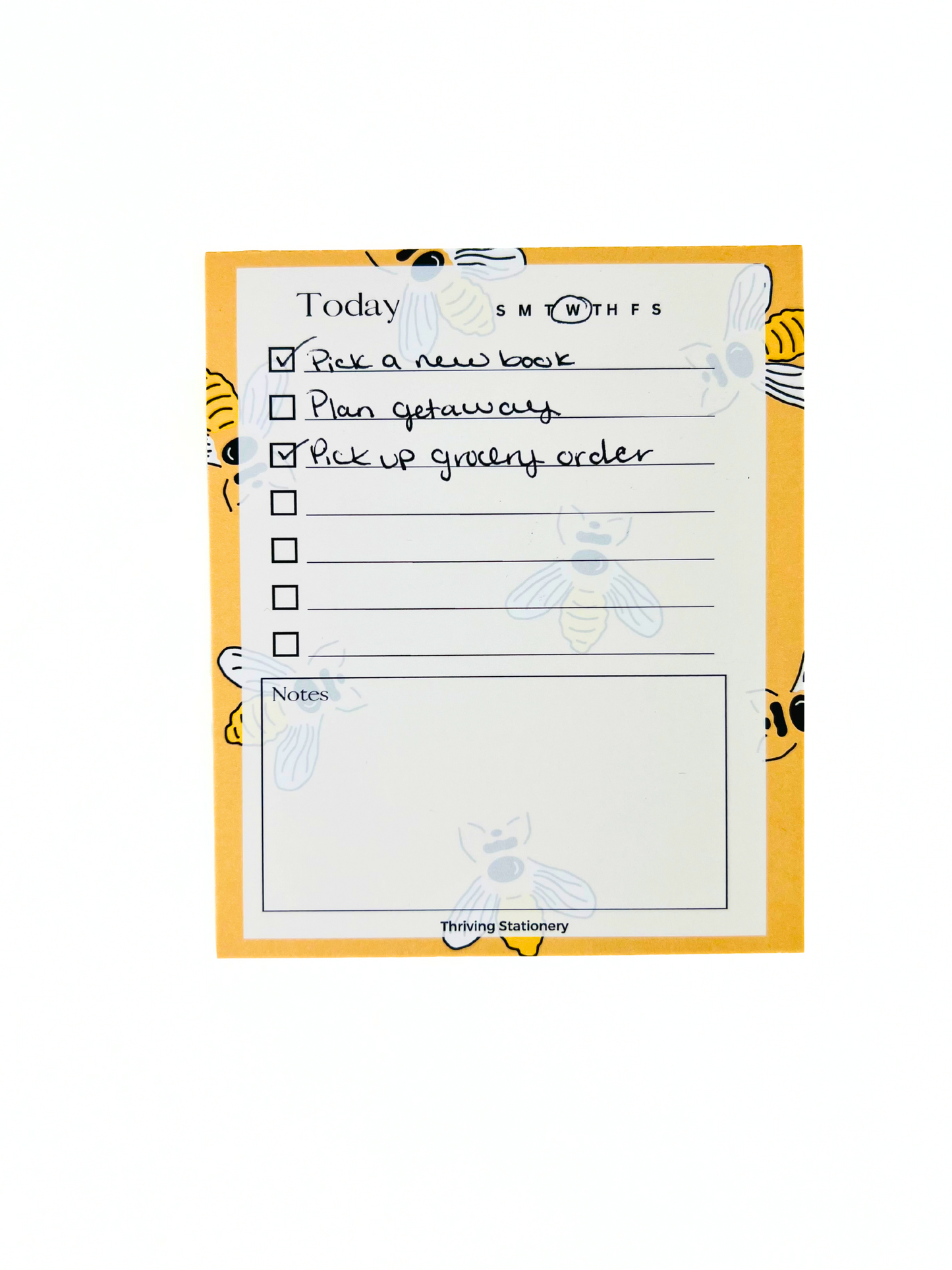Bee Productive To-Do List Notepad with yellow bee design and daily checklist layout with sample writing