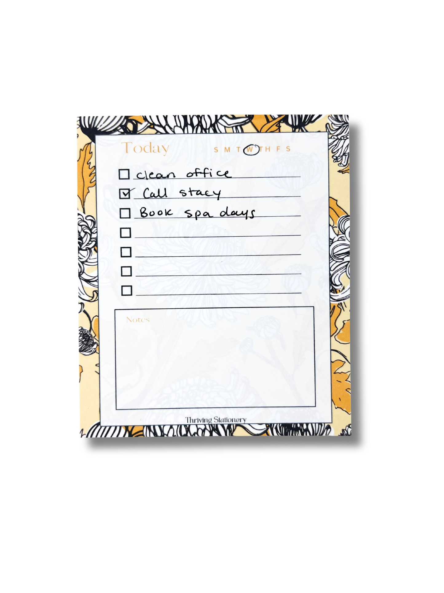 Black and Yellow Floral To-Do List Notepad with chrysanthemum floral design and daily checklist layout with space for notes