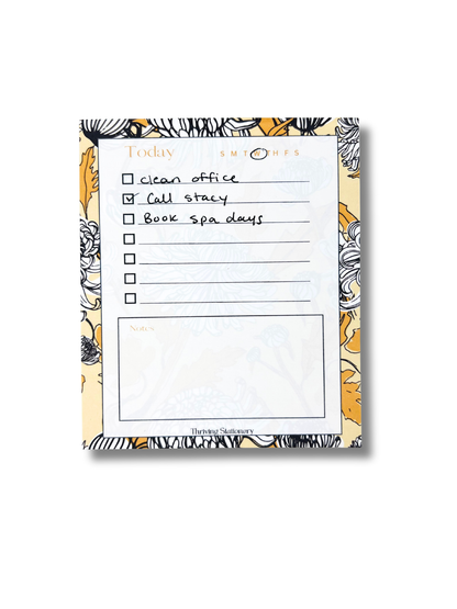 Black and Yellow Floral To-Do List Notepad with chrysanthemum floral design and daily checklist layout with space for notes