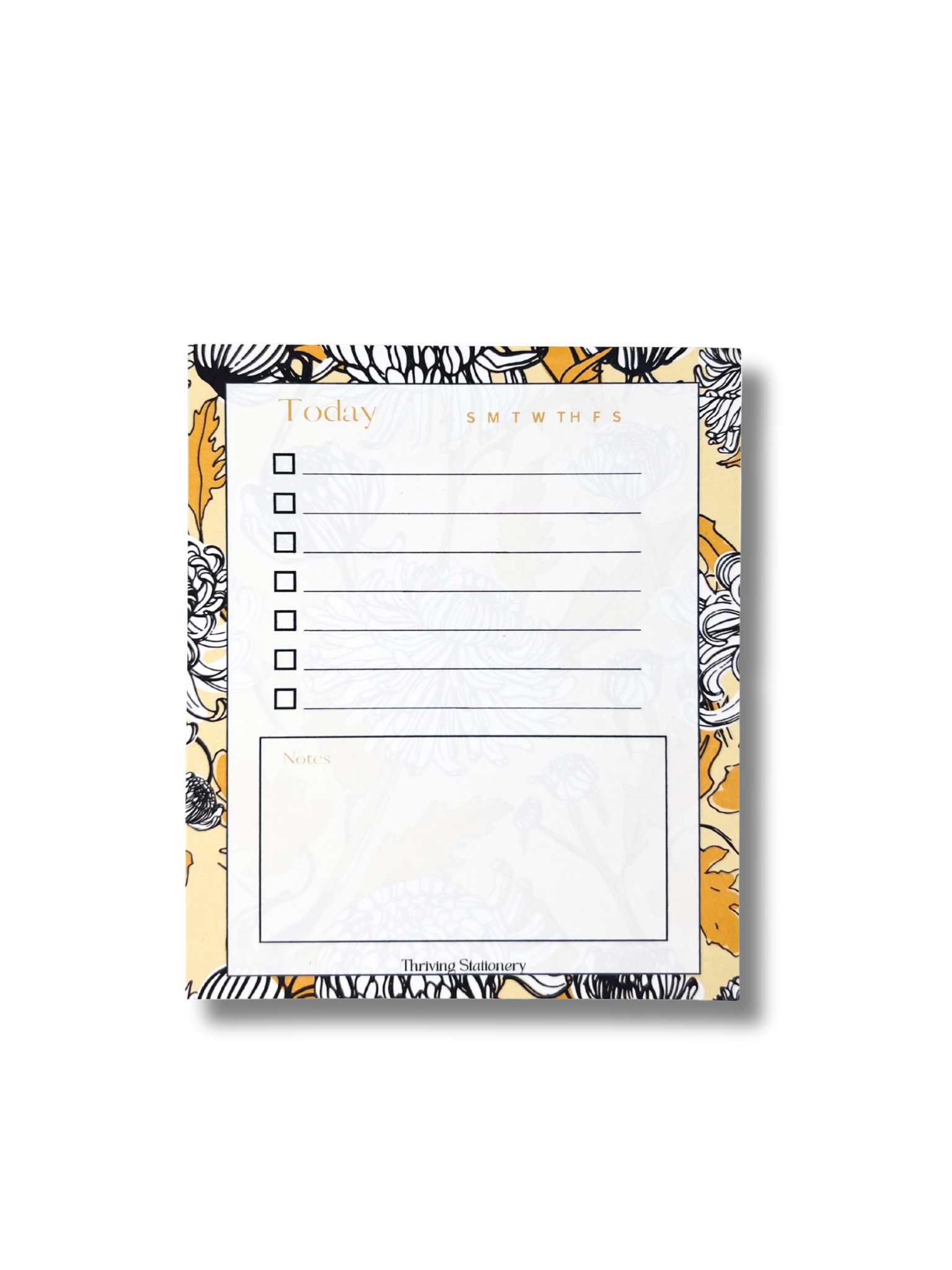 Black and Yellow Floral To-Do List Notepad with chrysanthemum floral design and daily checklist layout