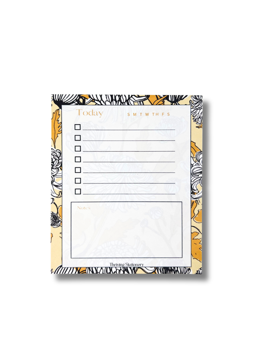 Black and Yellow Floral To-Do List Notepad with chrysanthemum floral design and daily checklist layout