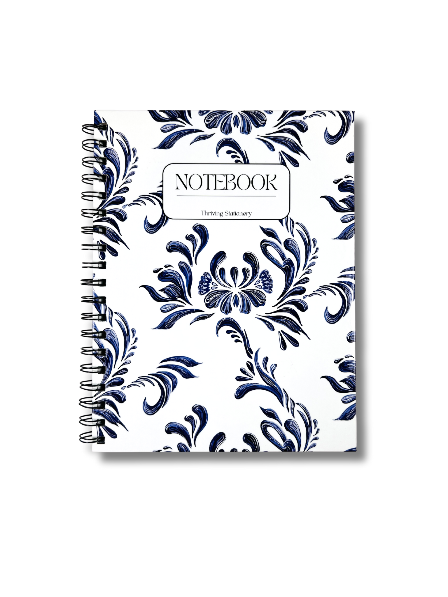 Blue Floral Spiral Notebook with white cover and navy floral pattern