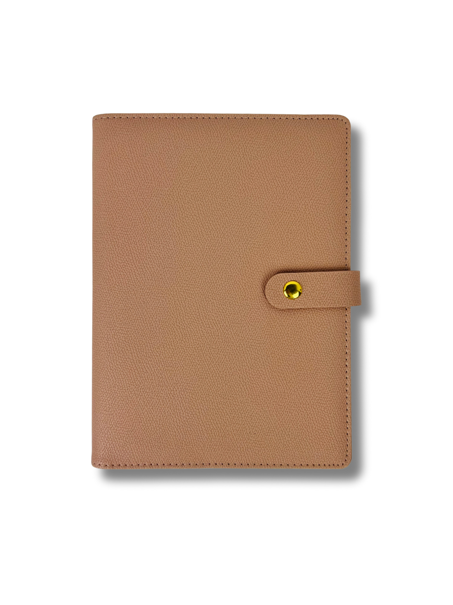 Brown leather planner cover with a yellow buckle on a white background