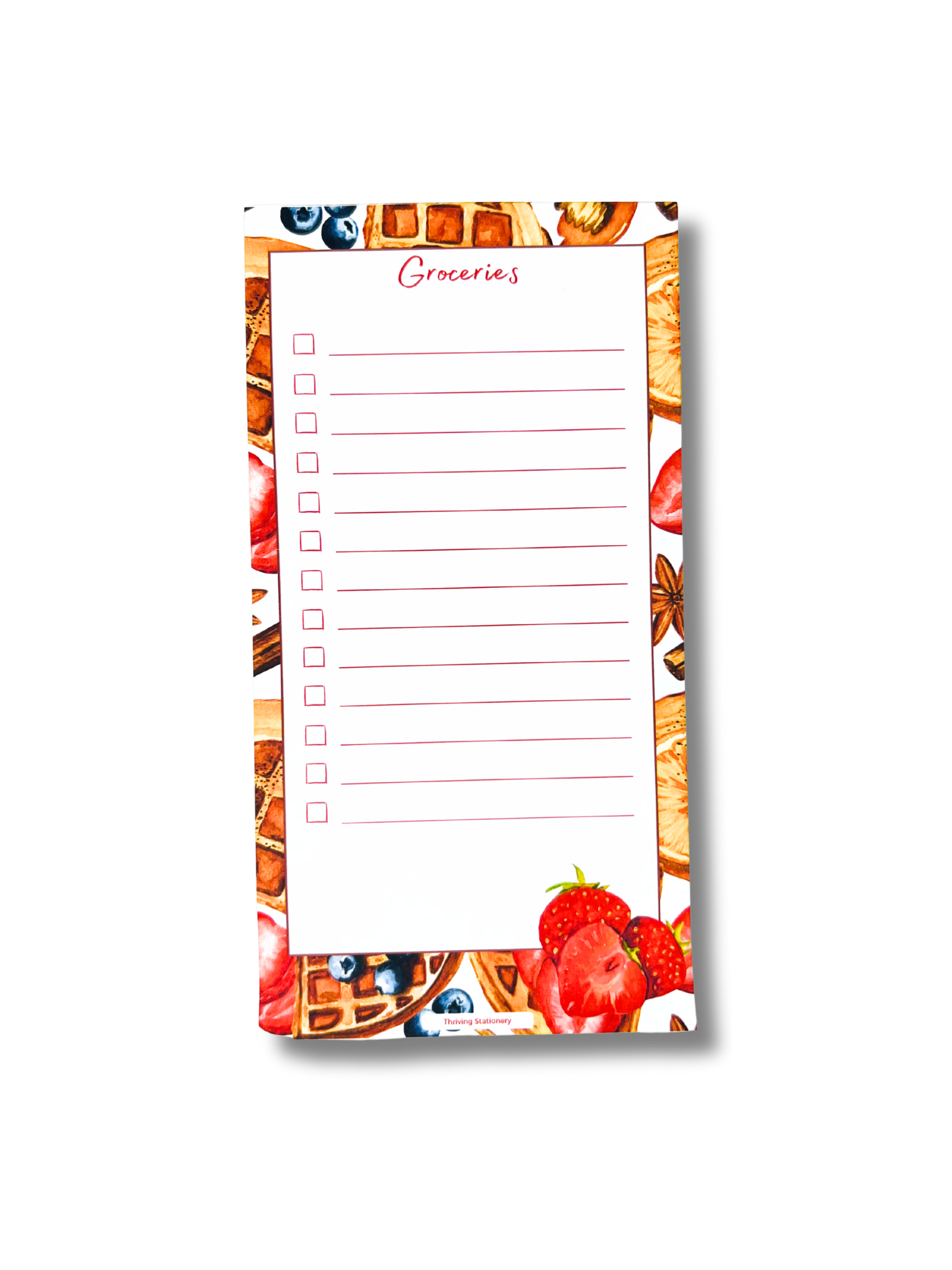 Breakfast Bliss Magnetic Grocery List Notepad with waffles, berries, and breakfast-themed illustrations