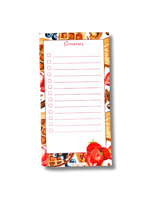 Breakfast Bliss Magnetic Grocery List Notepad with waffles, berries, and breakfast-themed illustrations