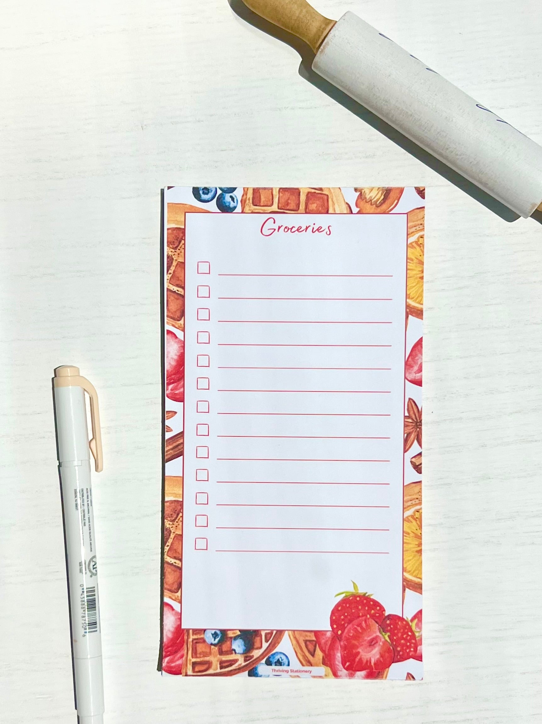 Breakfast Bliss Magnetic Grocery List Notepad with waffles, berries, and breakfast-themed illustrations