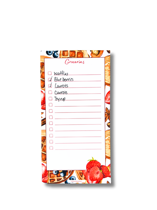 Breakfast Bliss Magnetic Grocery List Notepad with waffles, berries, and breakfast-themed illustrations