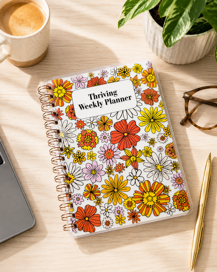 Floral planner titled 'Thrive Weekly Planner' on a desk with a cup of coffee, glasses, and pen.