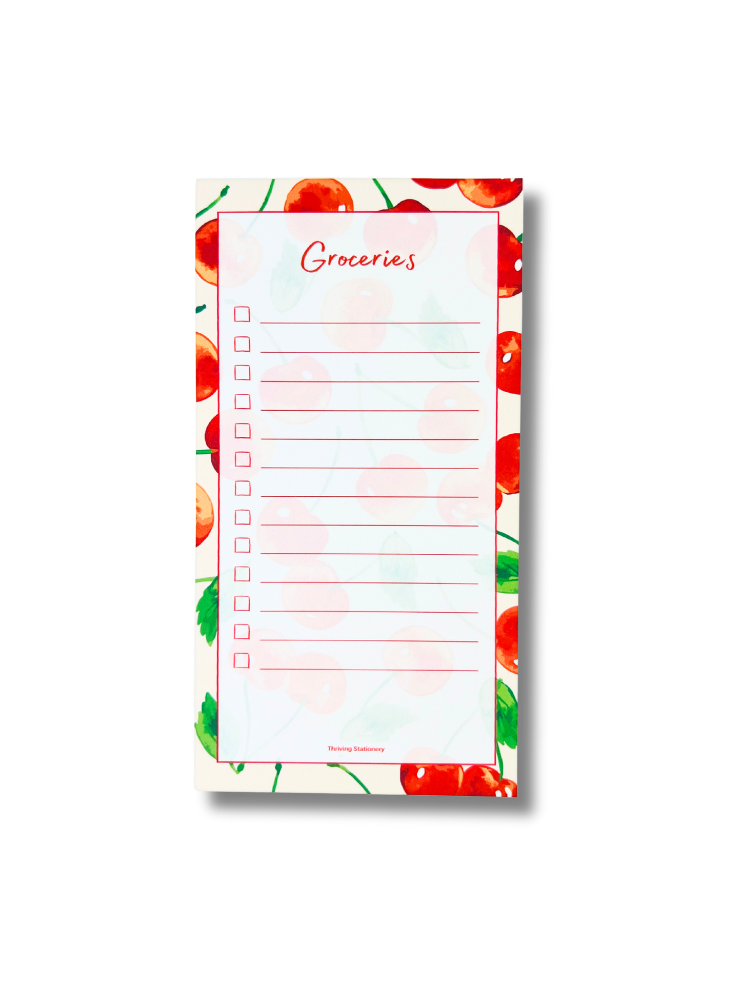 Cherry Grove Magnetic Grocery List Notepad with red cherry illustrations and lined layout