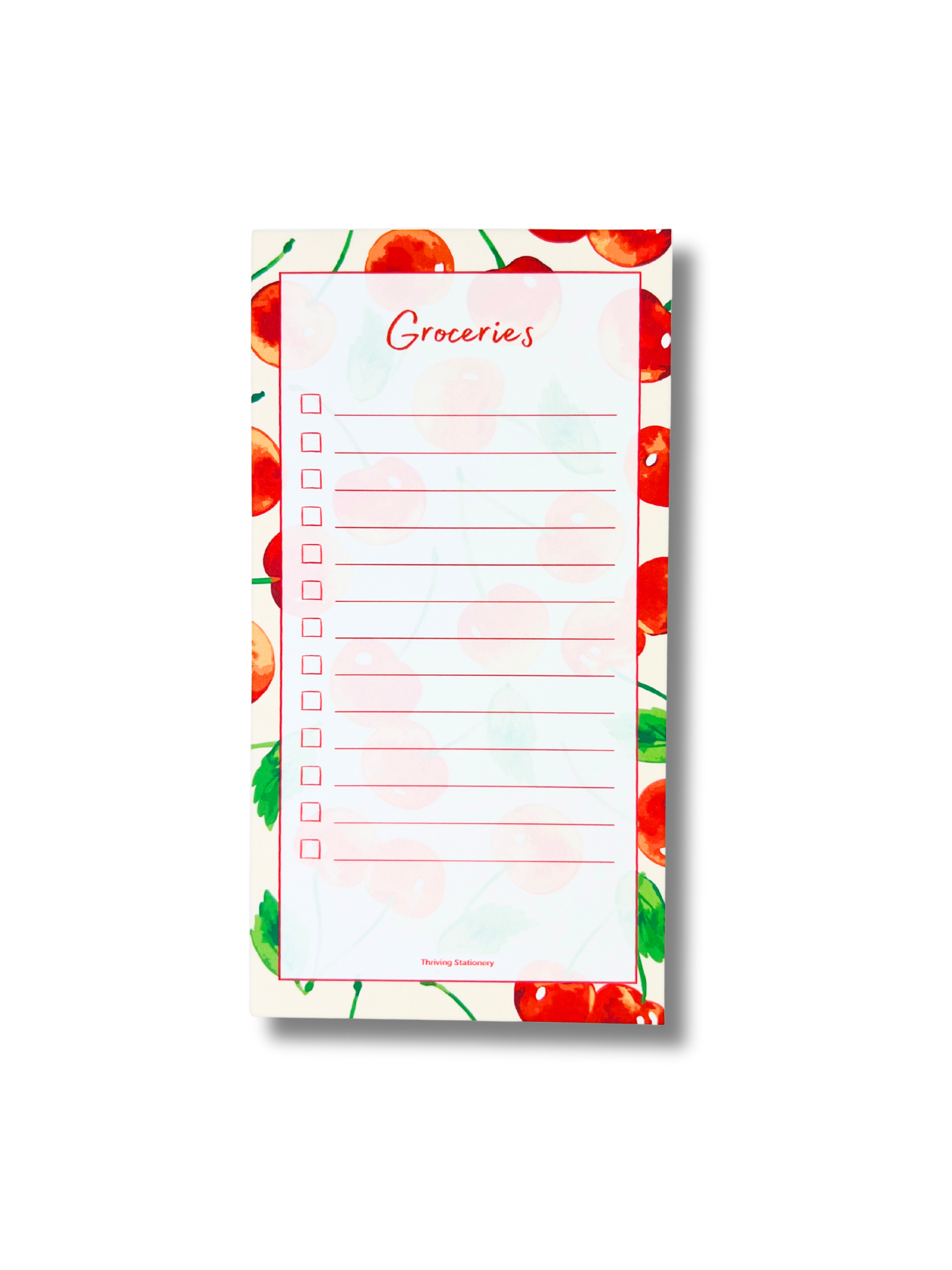Cherry Grove Magnetic Grocery List Notepad with red cherry illustrations and lined layout