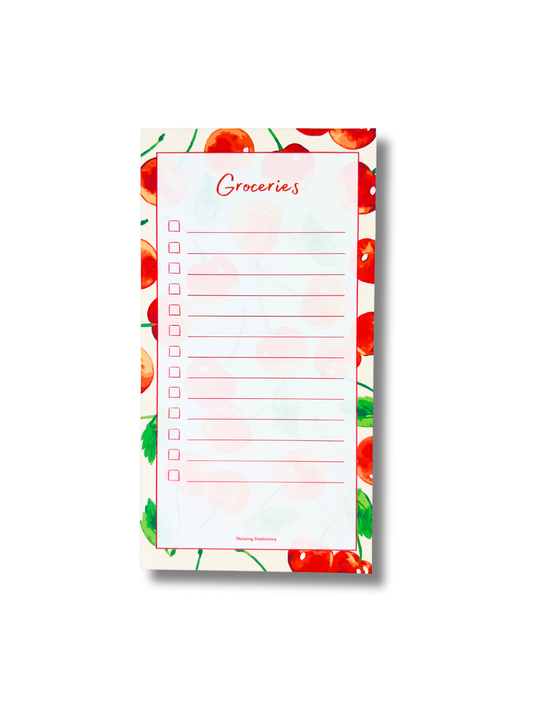 Cherry Grove Magnetic Grocery List Notepad with red cherry illustrations and lined layout