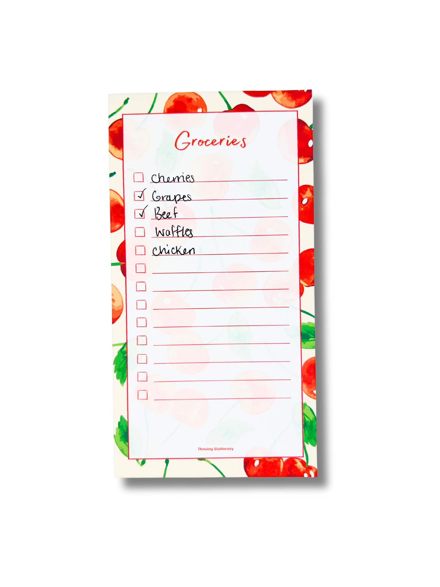 Cherry Grove Magnetic Grocery List Notepad with red cherry illustrations and lined layout