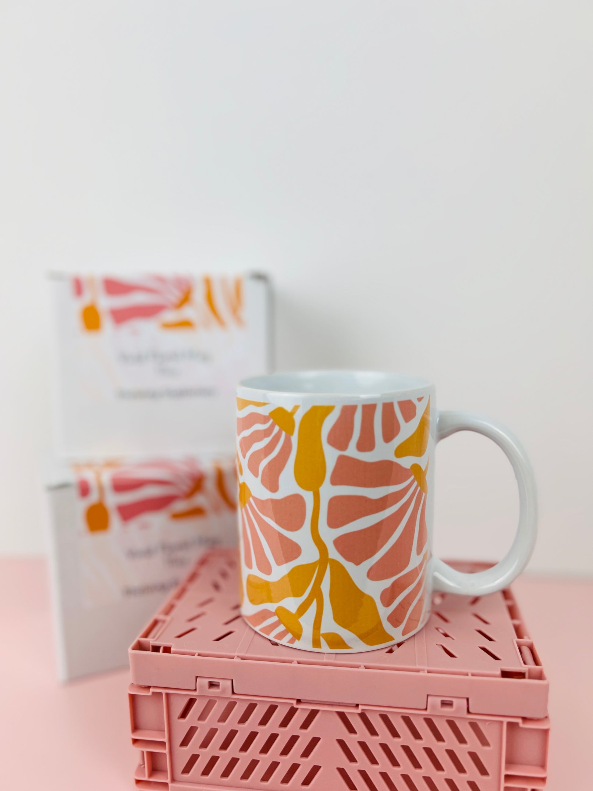 Coral Bloom Ceramic 11oz Mug with coral and mustard floral pattern on white base