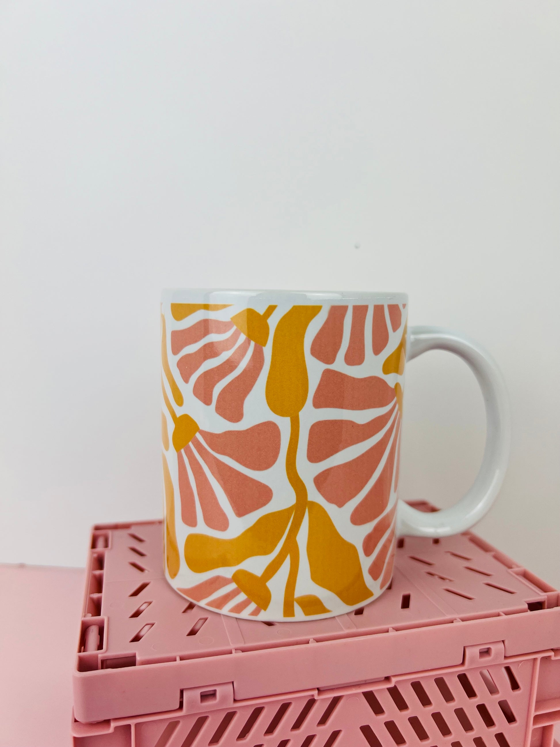 Coral Bloom Ceramic 11oz Mug with coral and mustard floral pattern on white base