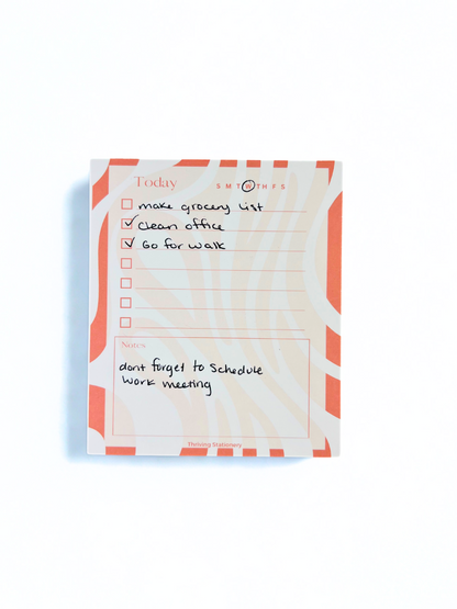 Coral Flow Daily Planner Notepad with coral and cream wavy border, checklist, and notes section