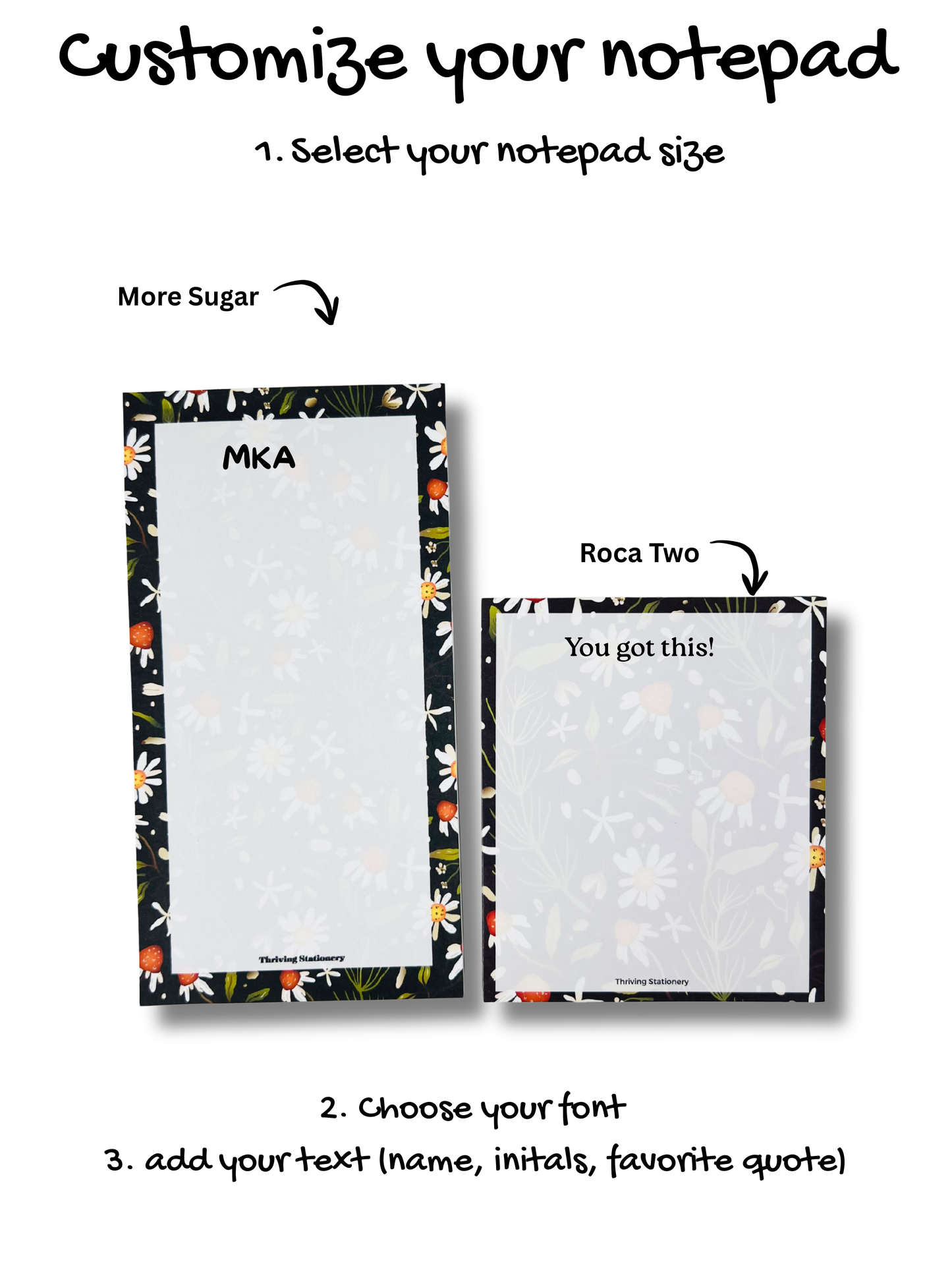 Two notepads with floral designs and text on a white background