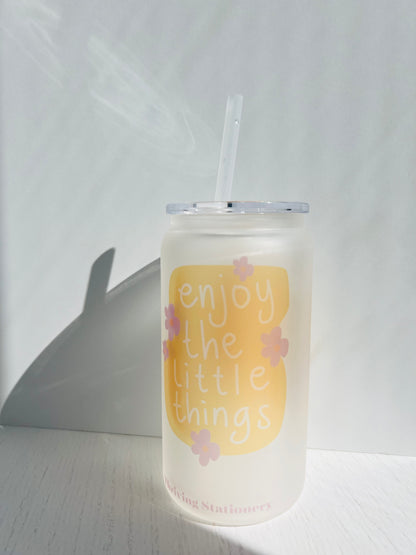 Enjoy the Little Things Frosted Cup with minimal uplifting text design