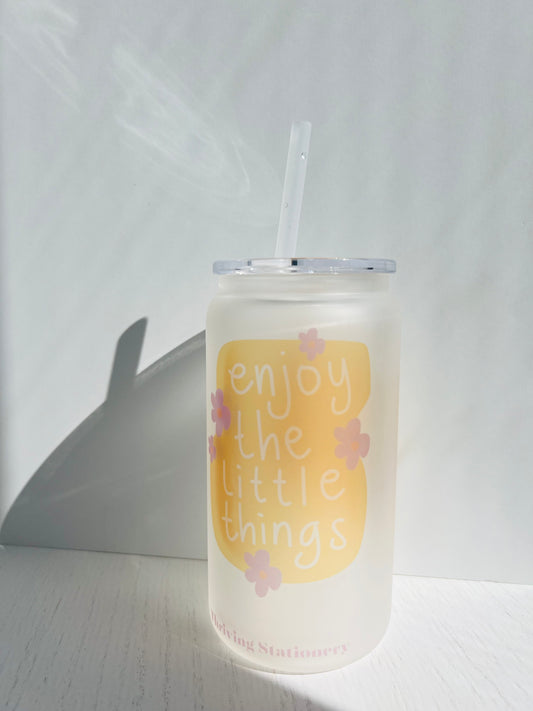 Enjoy the Little Things Frosted Cup with minimal uplifting text design