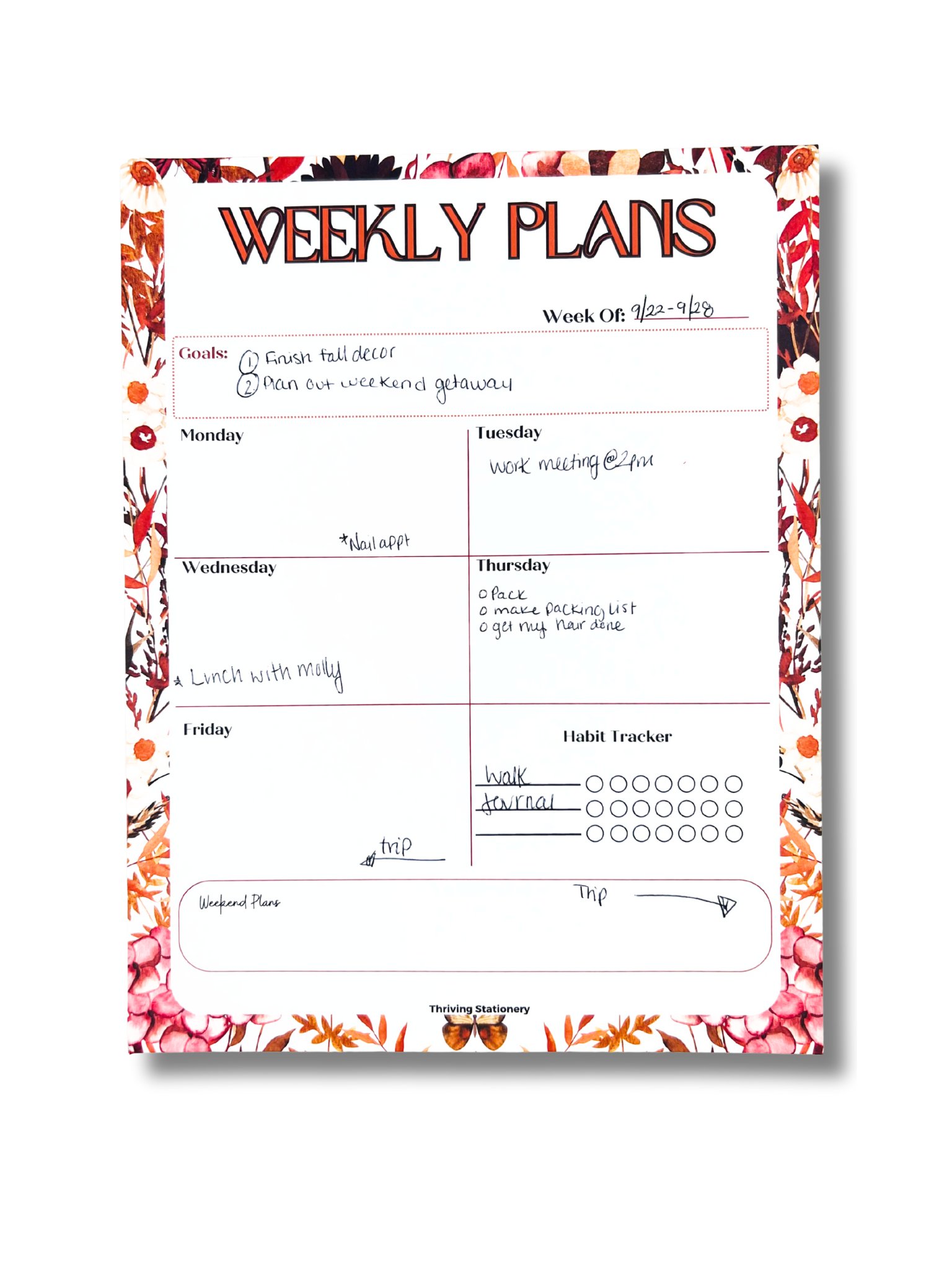 Fall Weekly Planner and Habit Tracker with autumn colors and weekly layout with sample writing
