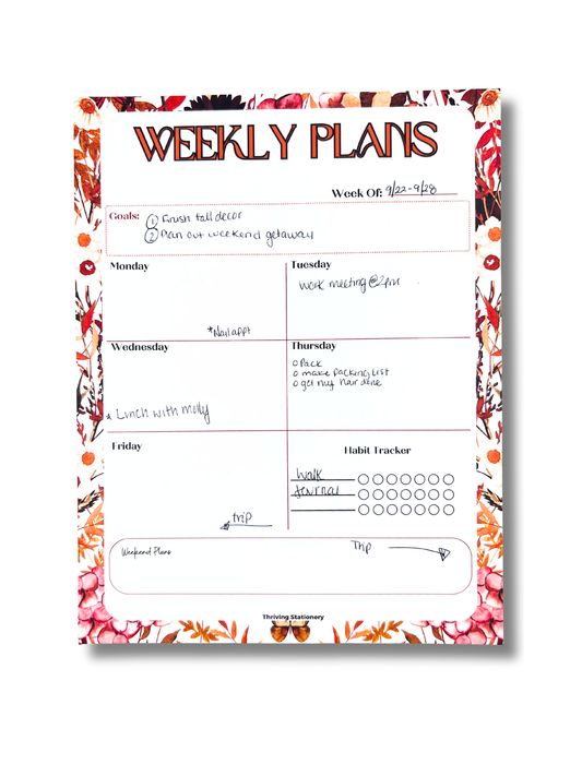 Fall Weekly Planner and Habit Tracker with autumn colors and weekly layout with sample writing