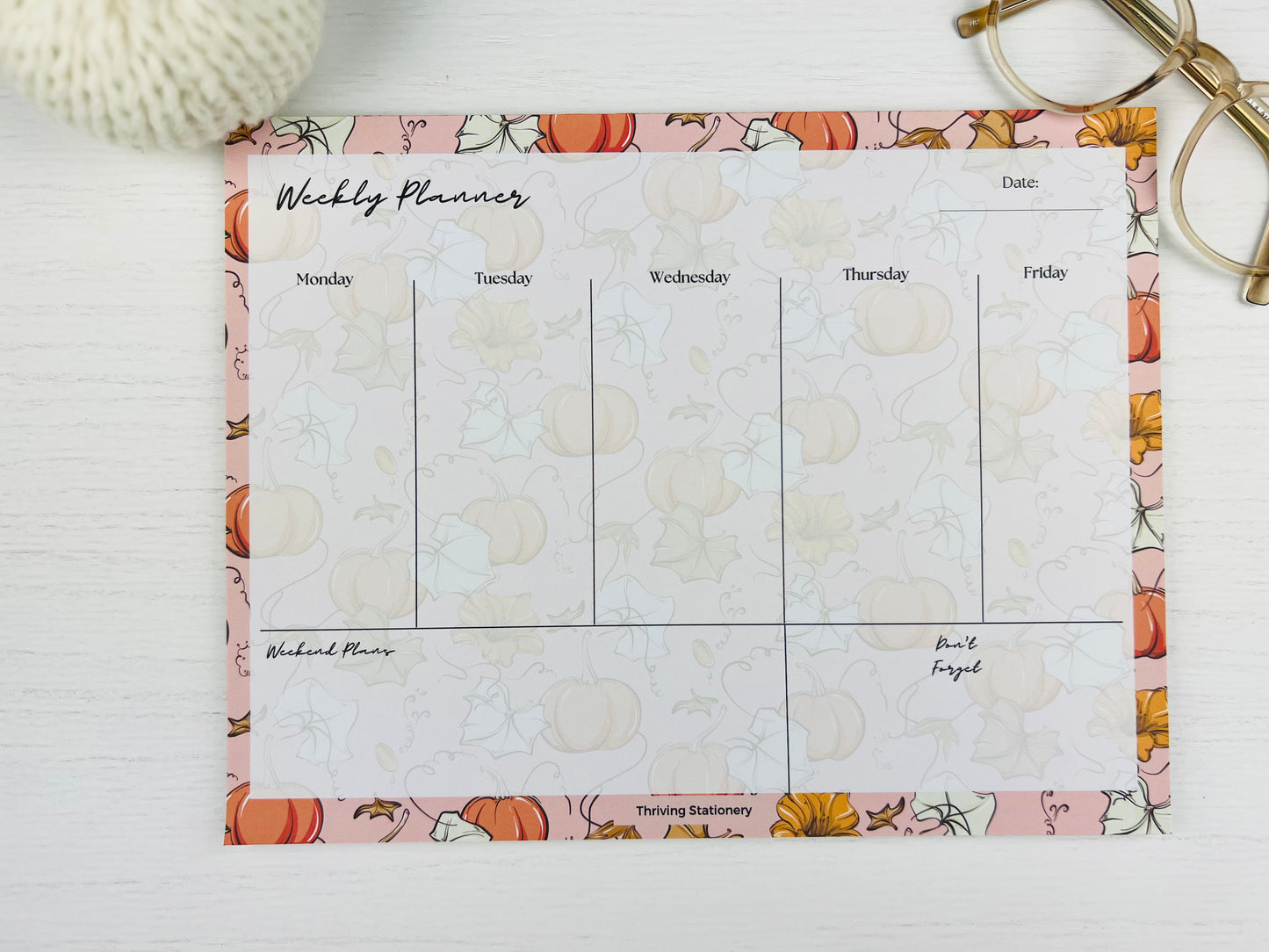 Autumn Weekly Planner Notepad with pumpkin and fall flower design and weekly layout